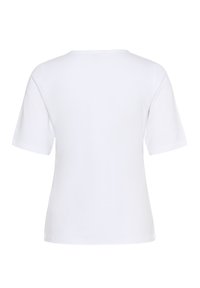 Balta trumpa rankovė t-shirt su apvaliu kaklu ir laisvu siluetu. Lygus medvilnės audinys, be matomų logotipų ar raštų, paprastas nugaros dizainas.