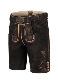 Pantaloni corti in pelle marrone con motivi floreali ricamati in bordeaux e crema, dotati di una cintura decorativa e bottoni decorativi sui lati.