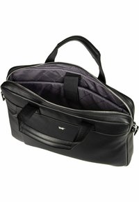 Black leather briefcase with dual handles, zip closure, and padded gray interior featuring elastic straps and logo detail on the front.