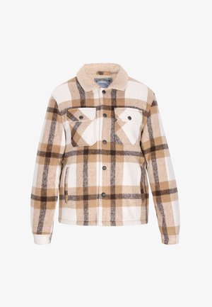Flanelová bunda v béžovej, hnedej a bielej károvanom vzore, s mäkkým, štruktúrovaným golierom, dvoma náprsami a gombíkovým zapínaním.