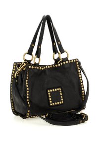 Borsa a mano in pelle nera con doppi manici, tracolla staccabile e dettagli in perline dorate lungo i bordi e sul patch quadrato frontale.