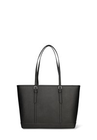 Zwarte leren draagtas met twee lange handvatten en gespdetails, rechthoekige vorm, textuurovervlak, rechtopstaand op een witte achtergrond.