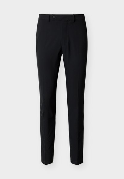 Pantalon formel noir ajusté avec fermeture avant à bouton et fermeture éclair, passants pour ceinture et un design épuré et taillé avec soin.