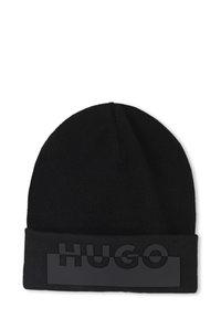 Zwarte gebreide beanie met een opgerolde zoom en een gestructureerd zwart rubberen "HUGO" logo aan de voorkant. Glad, rekbaar materiaal.