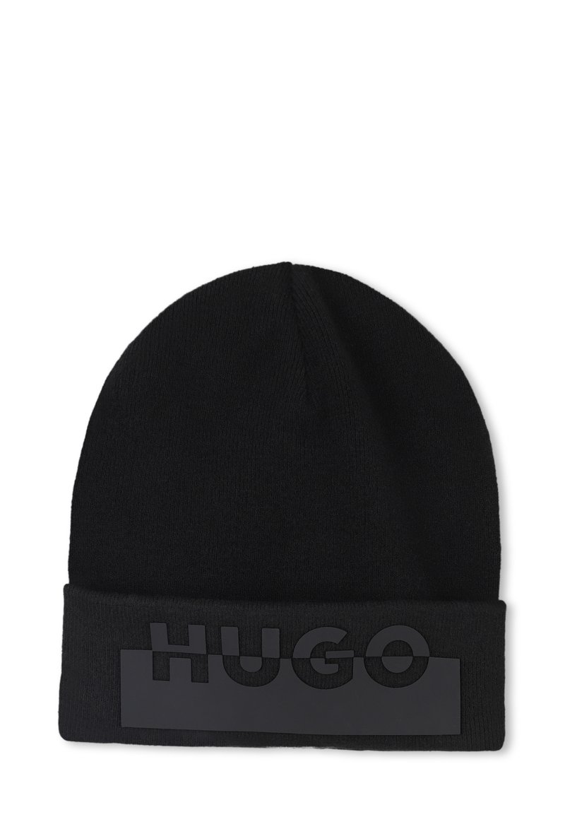 Zwarte gebreide beanie met een opgerolde zoom en een gestructureerd zwart rubberen "HUGO" logo aan de voorkant. Glad, rekbaar materiaal.