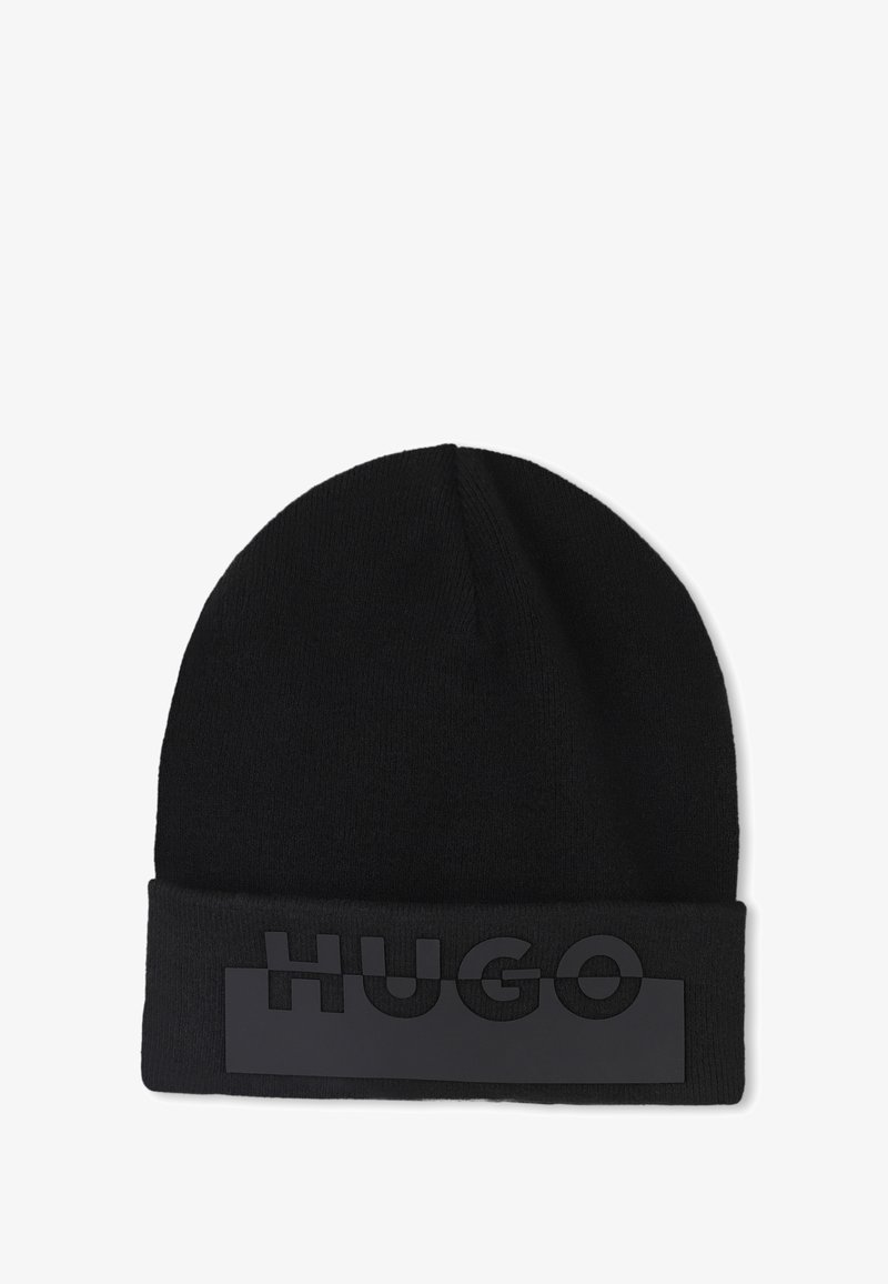 Zwarte gebreide beanie met een opgerolde zoom en een gestructureerd zwart rubberen "HUGO" logo aan de voorkant. Glad, rekbaar materiaal.
