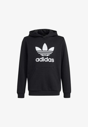 Crna dukserica izrađena od mješavine pamuka, s velikim bijelim Adidas logom i dizajnom s tri pruge na prsima, elastičnim manžetama i prednjim džepom.