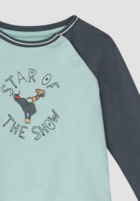 Muntgroene katoenen sweatshirt met donkergrijze raglanmouwen, afgewerkt met cartoonolifanten en -honden, en de tekst "STER VAN DE SHOW."