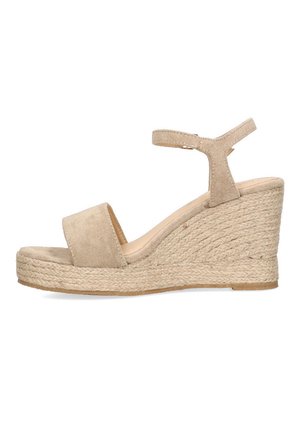 Sandalias de cuña beige con parte superior de ante, punta abierta y correa en el tobillo. Tacón de cuña envuelto en yute, acabado texturizado y suela de goma plana.