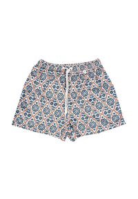 Costumi da bagno con motivo, dotati di una vita elastica, caratterizzati da intricati design blu, arancione e bianco. Il materiale sembra leggero e traspirante.
