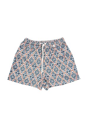 Costumi da bagno con motivo, dotati di una vita elastica, caratterizzati da intricati design blu, arancione e bianco. Il materiale sembra leggero e traspirante.