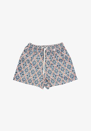 Costumi da bagno con motivo, dotati di una vita elastica, caratterizzati da intricati design blu, arancione e bianco. Il materiale sembra leggero e traspirante.