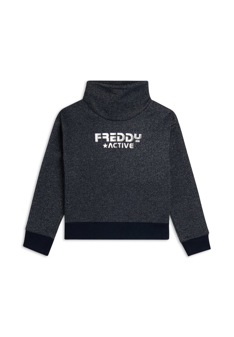 Felpa grigia scura con colletto alto, caratterizzata da stampa argentata "FREDDY ACTIVE", tessuto testurizzato e polsini e orlo blu navy.