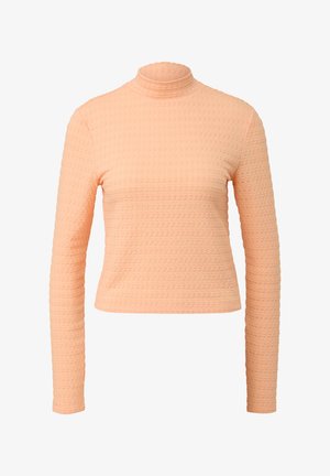 Pfirsichfarbenes Langarmtop mit hohem Kragen, aus strukturiertem Stoff und mit taillierter Passform. Die glatte Oberfläche verstärkt den Gesamteindruck.