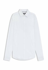 Witte lange mouwen shirt met een klassieke kraag, knoopsluiting en een gebogen zoom. Gemaakt van een gematigd gladde stof met een subtiele textuur overal.