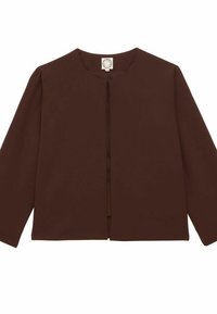 Veste marron à manches longues en tissu lisse. Présente un col rond et une fermeture à l'avant sans boutons. Design simple et minimaliste.