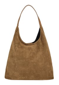 Suede hobo bag in tan with a soft texture, curved top, and a single shoulder strap; interior is lined in black fabric.