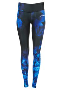 Leggings azul con patrón geométrico en una tela negra elástica. Presentan una cintura alta y un logo de la marca en la parte delantera. Textura suave.