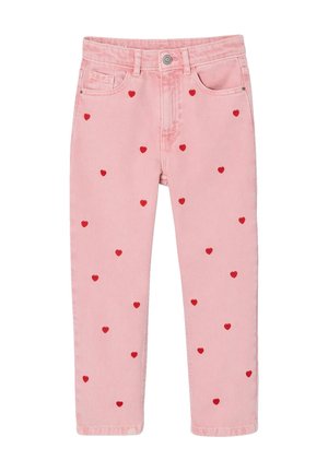 Rosa Jeans aus Denim mit verstreutem kleinen roten Herz-Stickereien, vorderer Knopfleiste und Reißverschluss sowie klassischem Fünf-Taschen-Design.