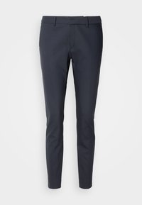 Pantalon sur mesure bleu marine foncé à coupe ajustée. Confectionné dans un tissu lisse, il présente un devant plat, des passants pour ceinture et aucune poche visible.