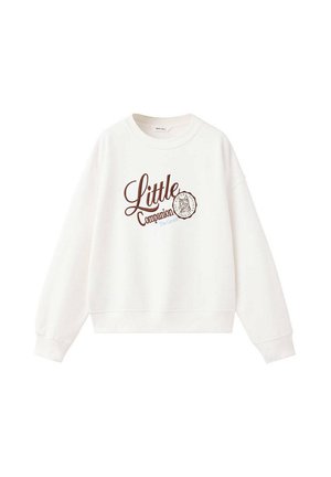 Biała bluza z długim rękawem z tekstem "Little Companion" i małą grafiką sowy w kolorze brązowym i jasnoniebieskim na środku z przodu.