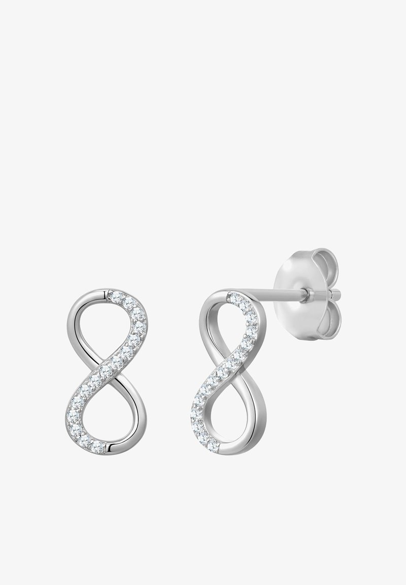 Orecchini in argento a forma di simboli dell'infinito, decorati con piccoli cristalli trasparenti, dotati di chiusura a perno per un fissaggio sicuro.