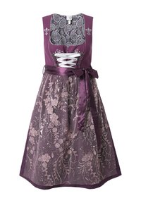 Paarse jurk met een bloemenborduursel op een tule overlay, een satijnen tailleband en een veterlus aan de voorkant. Het heeft een patroon op het lijfje en een vloeiende rok.