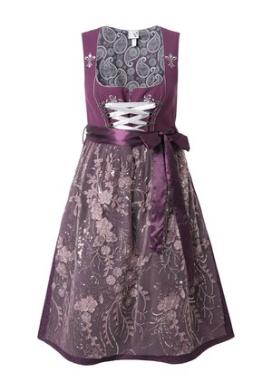 Paarse jurk met een bloemenborduursel op een tule overlay, een satijnen tailleband en een veterlus aan de voorkant. Het heeft een patroon op het lijfje en een vloeiende rok.