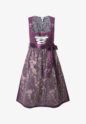 Paarse jurk met een bloemenborduursel op een tule overlay, een satijnen tailleband en een veterlus aan de voorkant. Het heeft een patroon op het lijfje en een vloeiende rok.