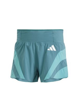 Pantalones cortos deportivos en color teal con paneles laterales en azul claro, cinturilla alta y logo de Adidas en blanco en la parte delantera derecha.