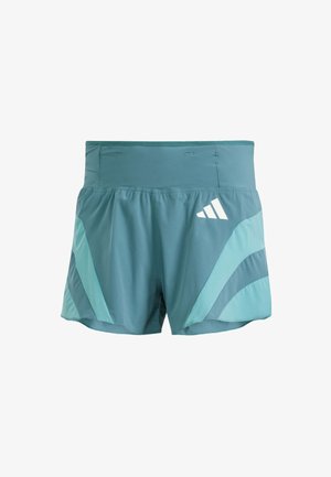 Pantaloni sportivi di colore teal con pannelli laterali azzurri, vita alta e logo Adidas bianco sul lato anteriore destro.