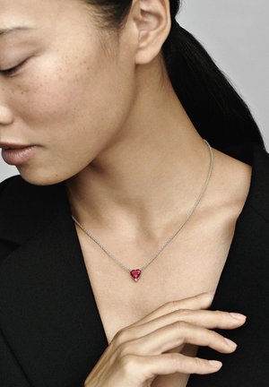 Collana d'argento con un pendente a forma di cuore in pietra preziosa rossa. La catena è delicata e il pendente presenta montature a griffe.