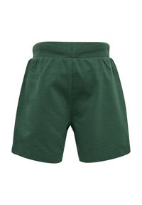 Gröna bomullsshorts med elastisk midja, som har en avslappnad passform och rena sömmar. Tyget har en slät, texturerad yta.