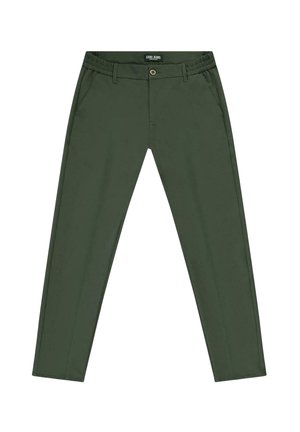Donkergroene, slim-fit, casual broek met elastische tailleband, knoopsluiting, riemlussen en zijzakken, plat neergelegd.