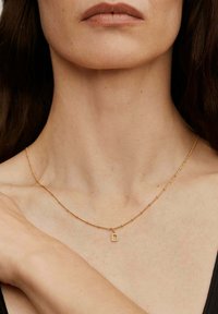 Collar dorado con una delicada cadena y un pequeño colgante de la letra "D" que brilla. La cadena cuenta con cuentas redondas y segmentos.