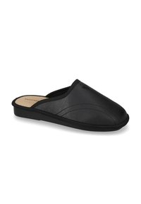 Pantofole nere in pelle con design slip-on, caratterizzate da una punta arrotondata, dettagli di cucitura sulla parte superiore e una suola in gomma texture.