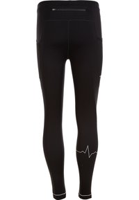 Schwarze Sportleggings mit passendem Design, ausgestattet mit Netzseitentaschen und einem dezenten Herzschlaglinien-Graphic nahe dem unteren Bein.