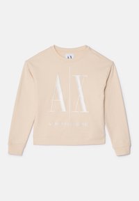 Felpa beige con maniche lunghe, scollo a girocollo, caratterizzata da un grande logo bianco "AX" e dal testo "ARMANI EXCHANGE" in basso. Texture liscia.