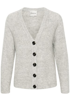 Light gray cardigan made of soft knit material, featuring a v-neck, long sleeves, and six large black buttons along the front.