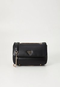 Black leather handbag with a gold chain strap, featuring a triangular logo on the front and smooth texture. Rounded rectangular shape.