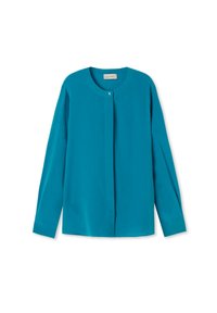 Turquoise long-sleeve blouse in soft fabric, featuring a round neckline, central button closure, and a slightly relaxed fit.