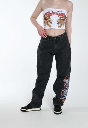 SKULL-FLOWER-BAGGY - Džíny Straight Fit - black