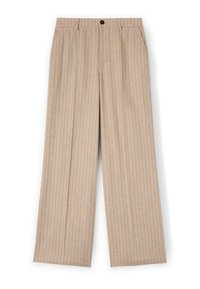 Beżowe spodnie o szerokich nogawkach z pionowym wzorem w paski, zapięciem na guzik i paskami na pasek; materiał ma lekko teksturowaną i gładką powierzchnię.