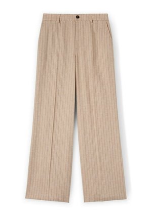 Pantaloni beige a gamba larga con motivo a righe verticali, chiusura con bottone e passanti per cintura; il tessuto ha una leggera texture e una finitura liscia.