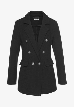 Blazer negro texturizado de doble botonadura con solapas anchas, botones plateados, bolsillos de solapa y mangas largas.