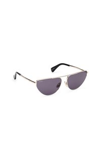Ochelari de soare metalici tip aviator cu lentile gri închis. Rame de culoare aurie, formă unghiulară, mânere negre. Fără modele sau accente vizibile.