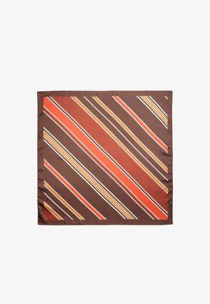 Square silk scarf with diagonal stripes in shades of brown, orange, beige, and white on a dark brown background.