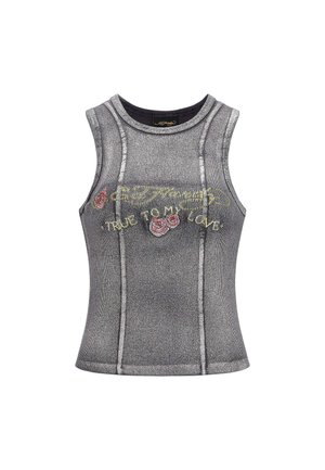 Gray sleeveless top with a ribbed texture. Features embroidered text, "TRUE TO MY LOVE," and rose designs on the front.