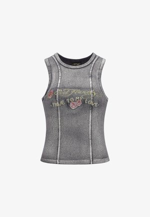 Haut sans manches gris avec une texture côtelée. Présente un texte brodé "FIDÈLE À MON AMOUR" et des motifs de roses à l'avant.