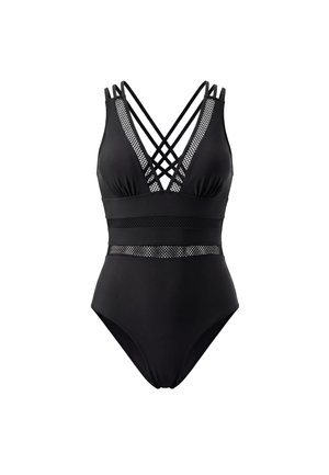 Costum de baie întreg negru, cu bretele încrucișate, panouri din plasă pe bust și talie și design cu decolteu adânc în V.